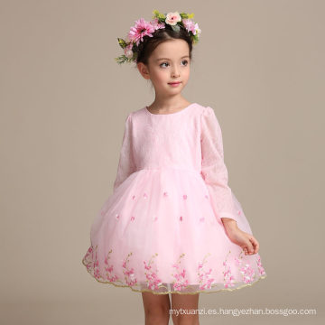 Vestido de la muchacha de flor de la manga larga de la gasa del vestido del bebé del algodón 2017 cuadros bordados